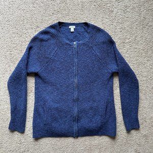 LL Bean Sweater Womens Large Full Zip Round Neck Pockets Blue Cotton